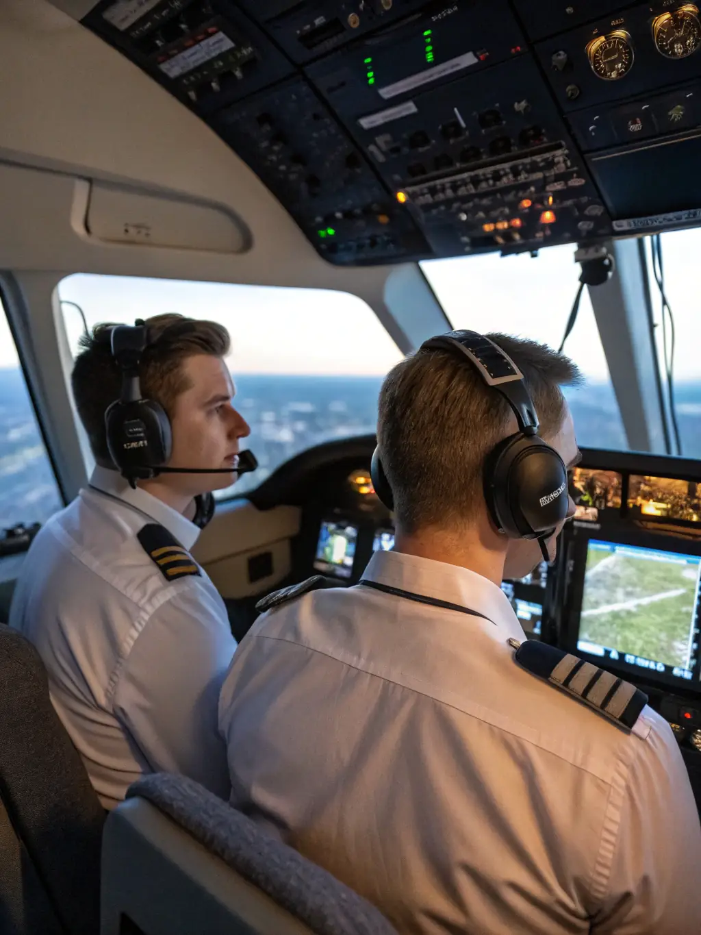 An image of a student pilot receiving instruction in a small aircraft cockpit with an instructor guiding them, emphasizing hands-on learning.