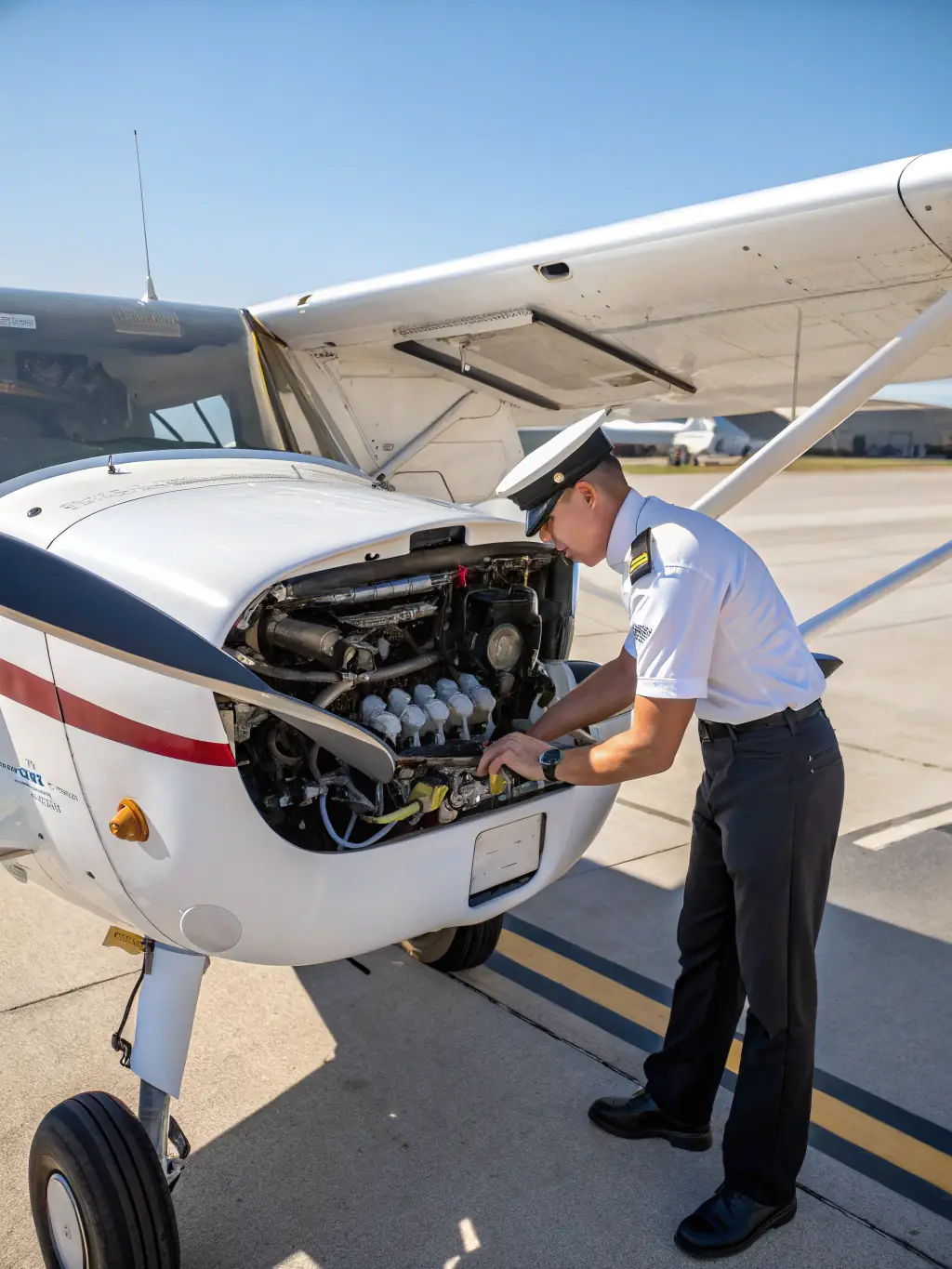An image of a pilot performing pre-flight checks on a small aircraft, ensuring safety and readiness before takeoff.