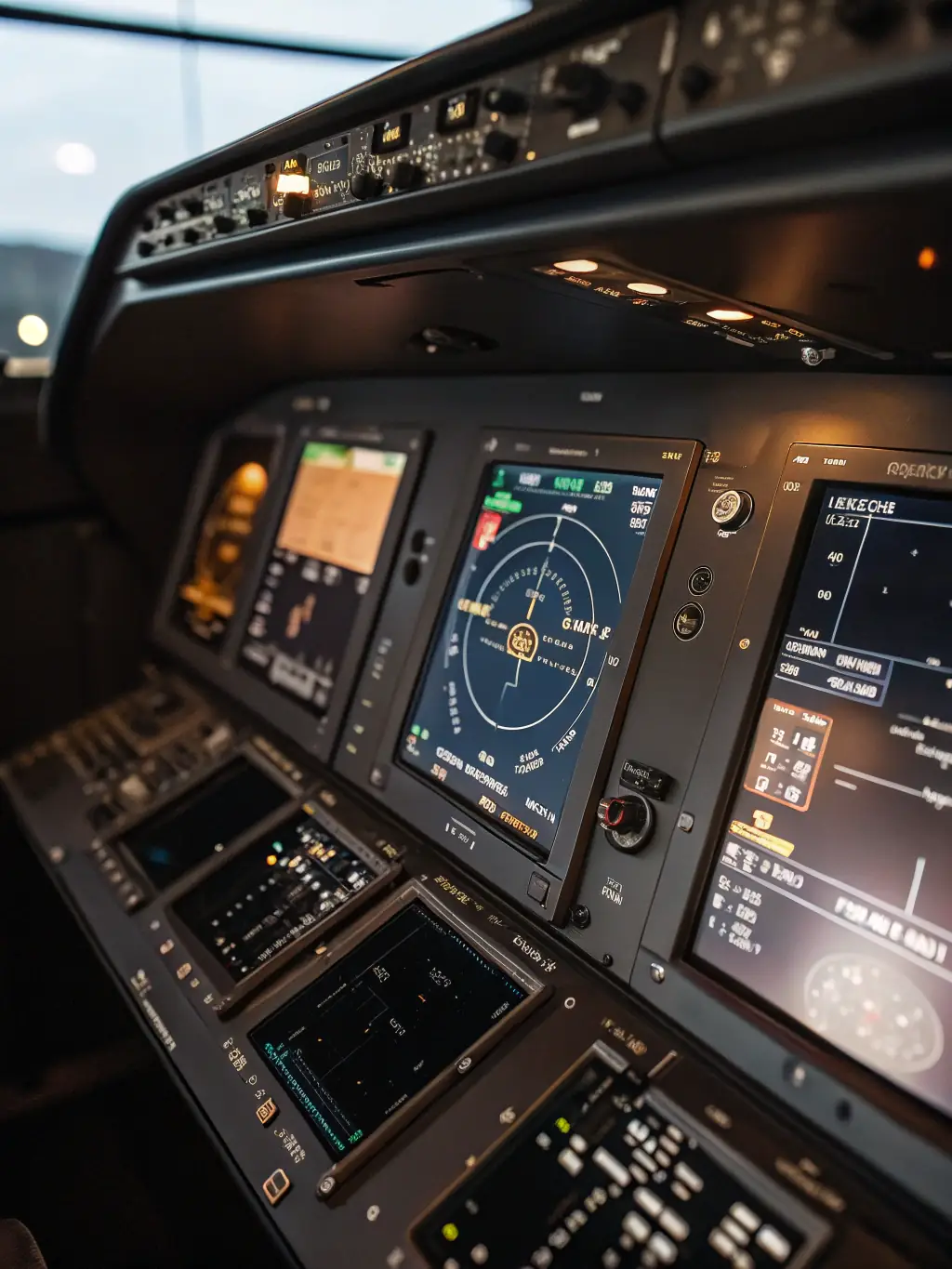 A close-up image of modern aircraft instruments and controls, emphasizing the advanced technology and safety measures employed by AERO CLUB DU CANTAL.