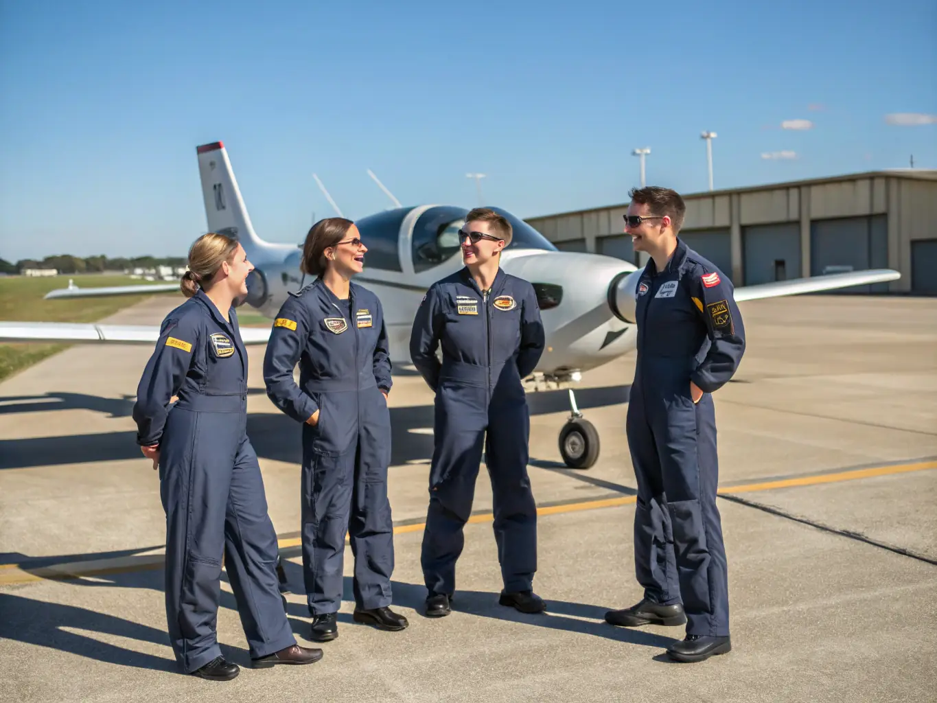 A small group of people standing in front of a parked airplane, preparing for an aerial trip. The scene captures the excitement and anticipation of the upcoming flight.