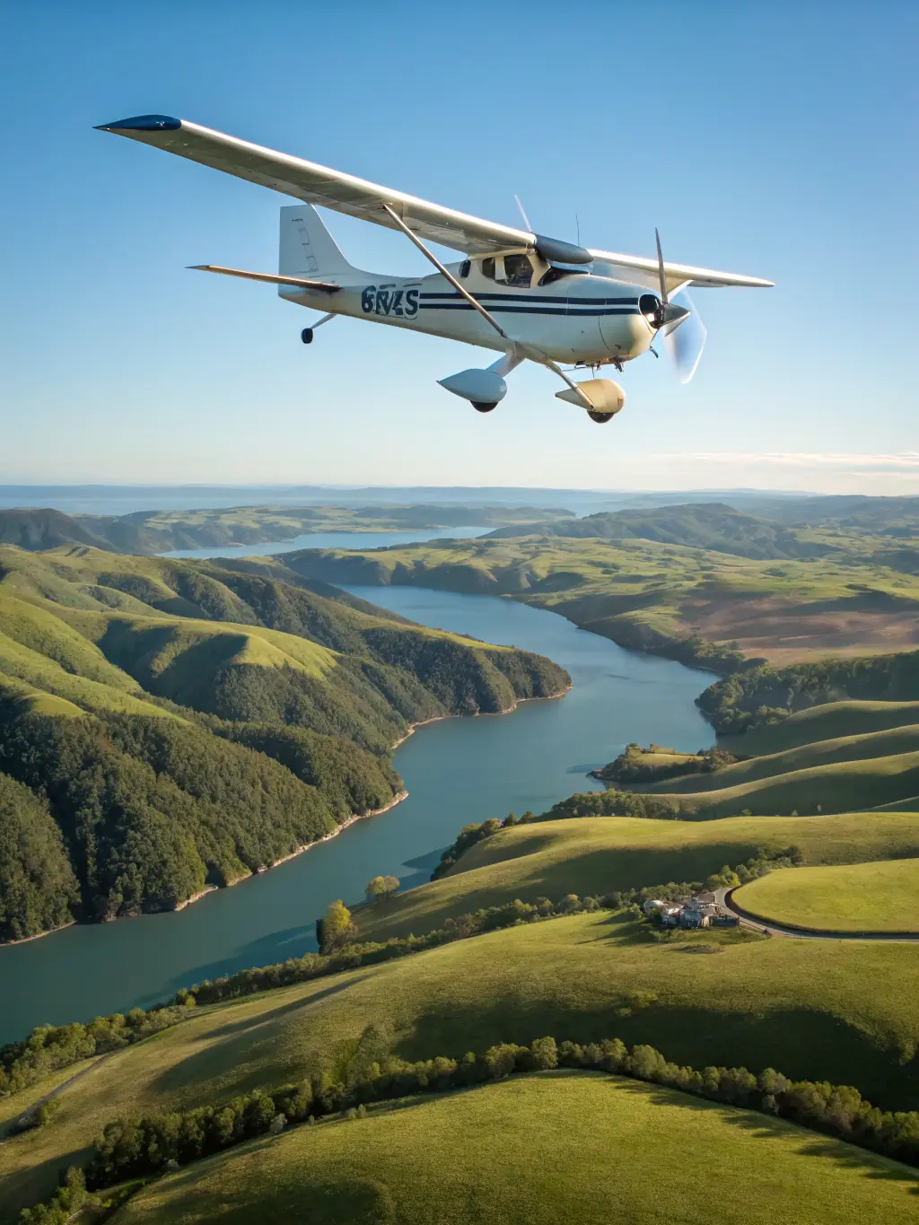 An inspiring image of a small aircraft soaring over the scenic landscapes of Cantal, France, highlighting the travel opportunities available through the club.