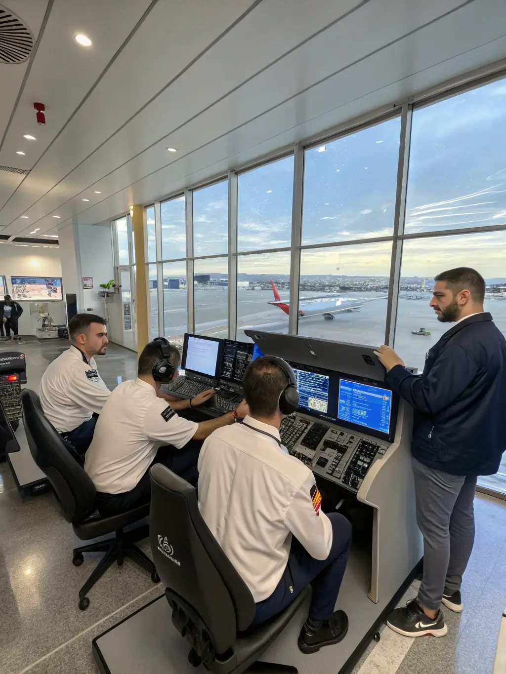 A group of pilots in a classroom setting, participating in a ground school session, learning about aviation theory and regulations.