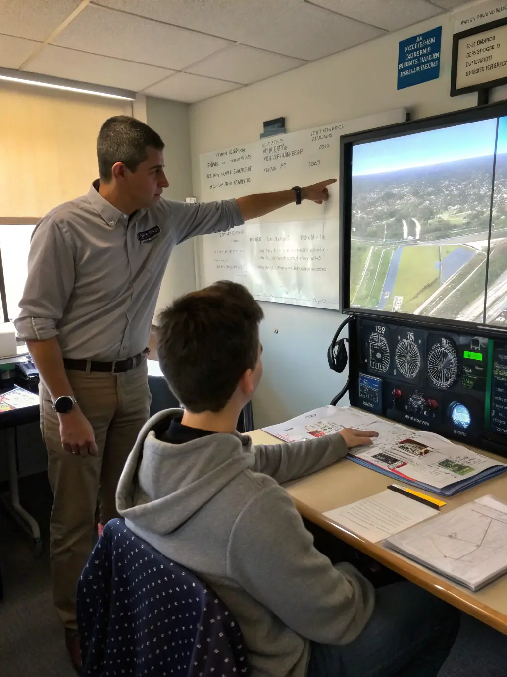 A focused image of a certified flight instructor providing one-on-one instruction to a student pilot in the cockpit of a small aircraft, emphasizing personalized training.